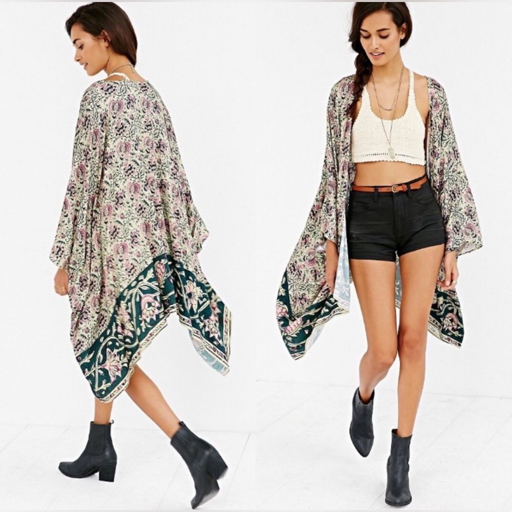 Chaser Printed Square-Sleeve Oversized Kimono Wrap Mauve Olive Cream Size XS/S